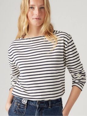 Levi’s Striped Long-Sleeve Boatneck Top in Cream and Navy